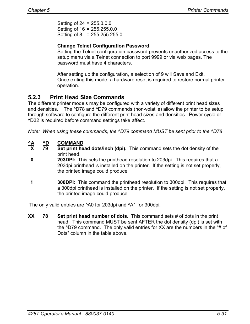 3 print head size commands | Microcom 428T User Manual | Page 105 / 249