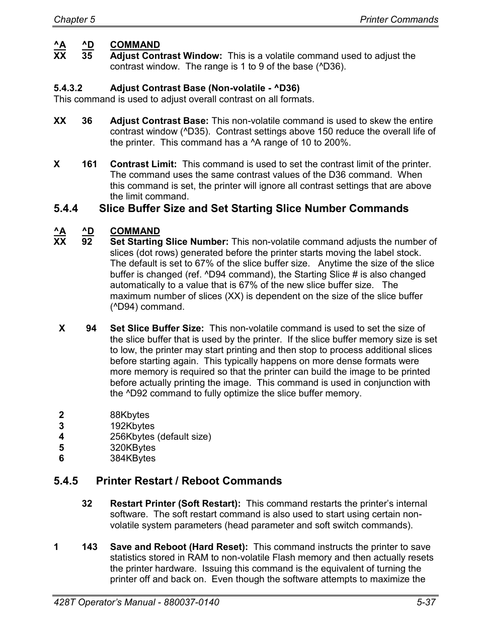 2 adjust contrast base (non-volatile - ^d36), 5 printer restart / reboot commands | Microcom 428T User Manual | Page 111 / 249