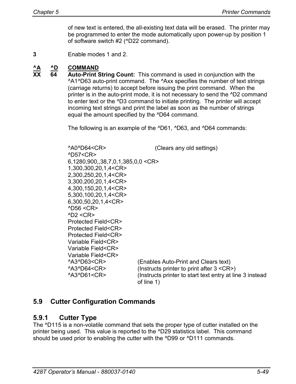 9 cutter configuration commands, 1 cutter type | Microcom 428T User Manual | Page 123 / 249