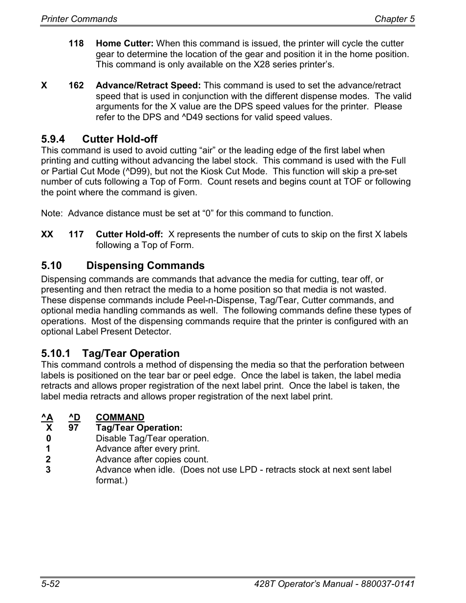 4 cutter hold-off, 10 dispensing commands, 1 tag/tear operation | Microcom 428T User Manual | Page 126 / 249