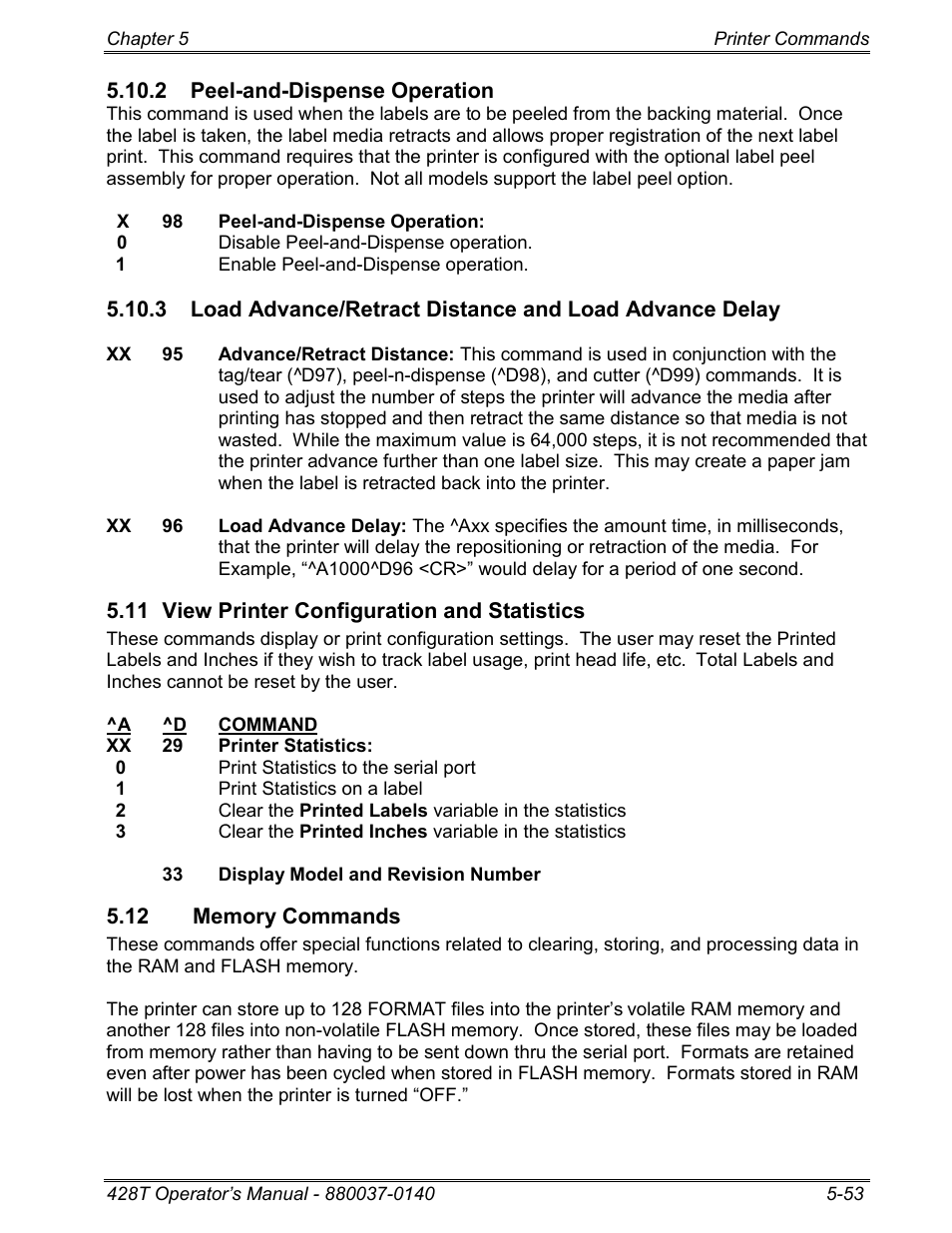 2 peel-and-dispense operation, 11 view printer configuration and statistics, 12 memory commands | Memory | Microcom 428T User Manual | Page 127 / 249
