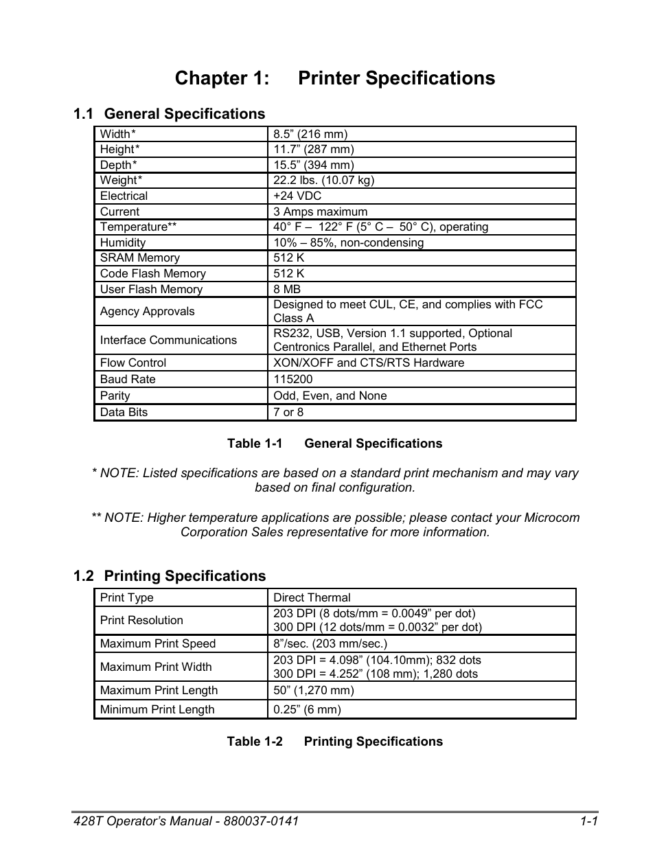 1 general specifications, 2 printing specifications, Chapter 1: printer specifications | Microcom 428T User Manual | Page 13 / 249