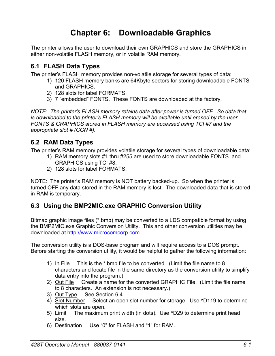 1 flash data types, 2 ram data types, 3 using the bmp2mic.exe graphic conversion utility | Chapter 6: downloadable graphics | Microcom 428T User Manual | Page 137 / 249