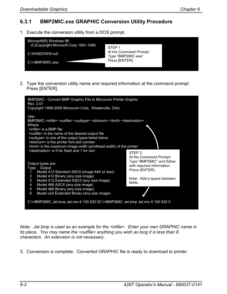 1 bmp2mic.exe graphic conversion utility procedure | Microcom 428T User Manual | Page 138 / 249