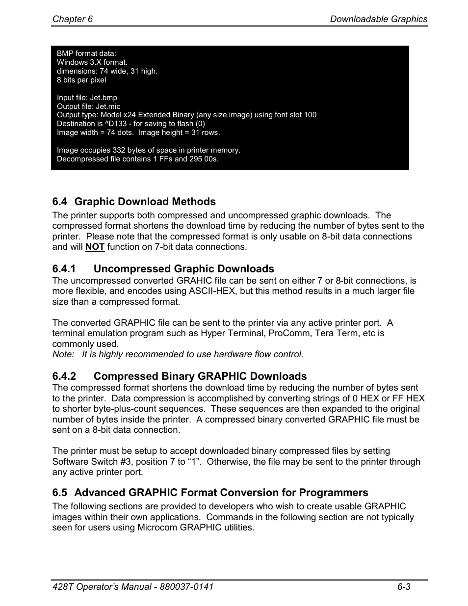 4 graphic download methods, 1 uncompressed graphic downloads, 2 compressed binary graphic downloads | Microcom 428T User Manual | Page 139 / 249