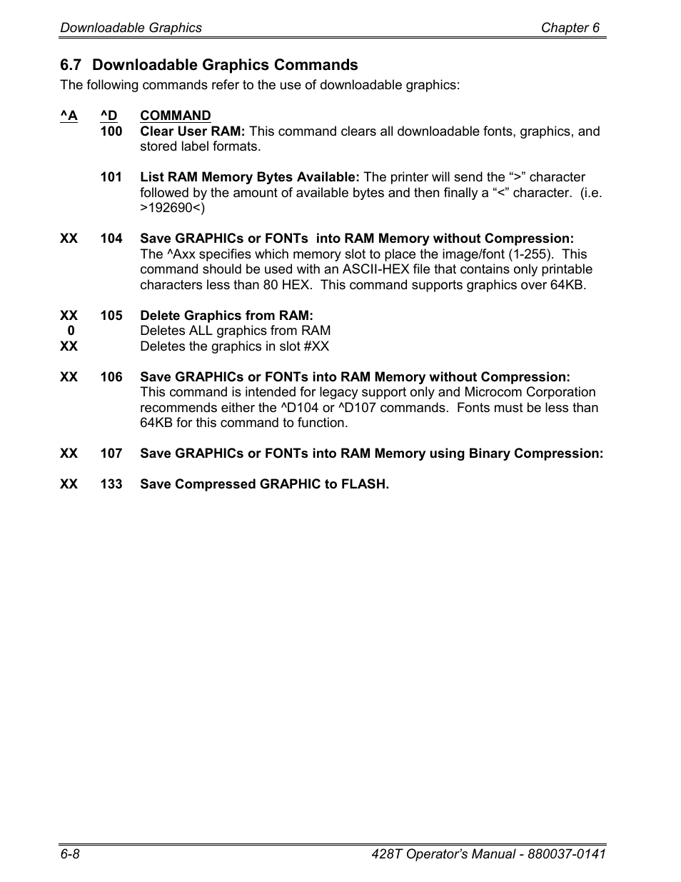 7 downloadable graphics commands | Microcom 428T User Manual | Page 144 / 249