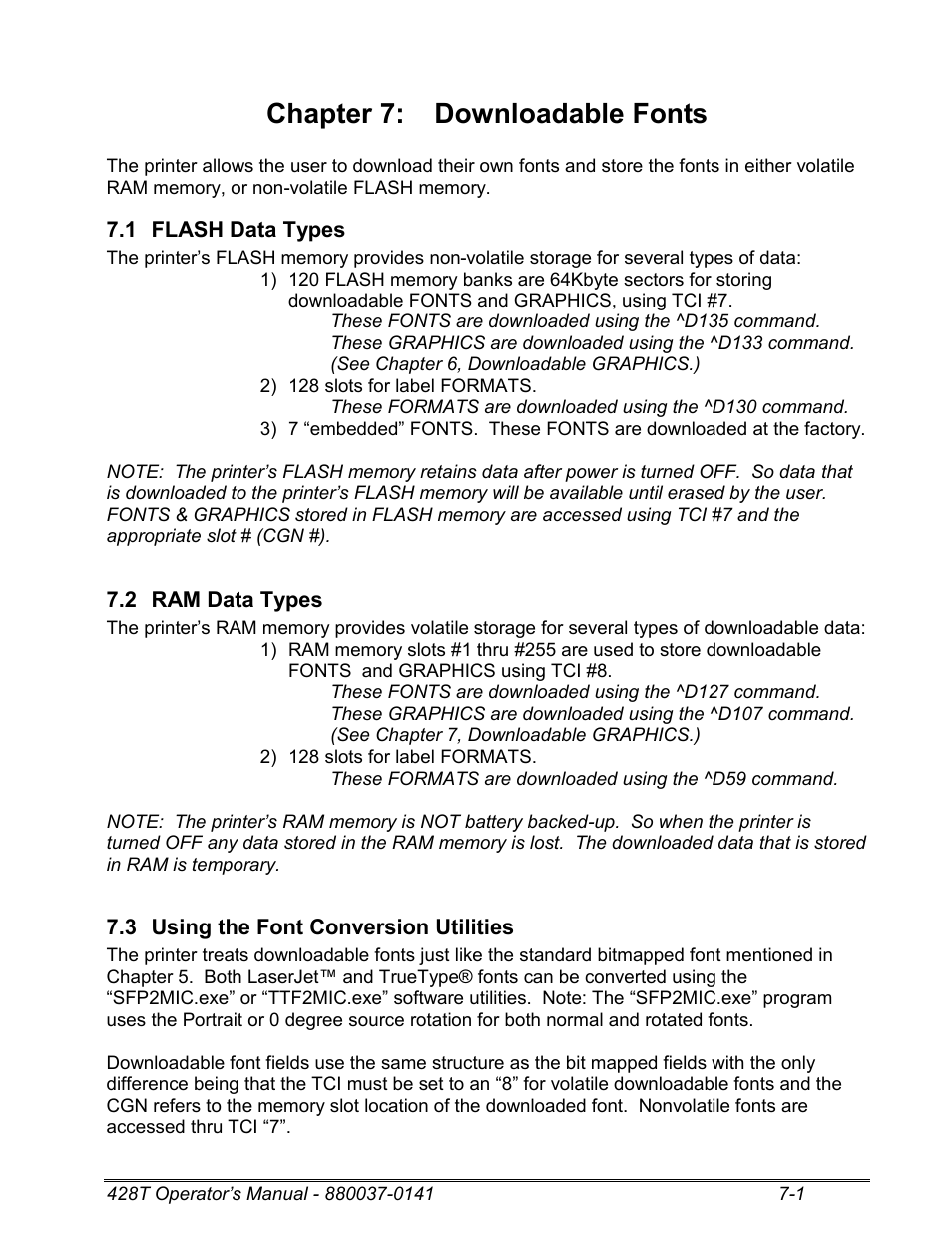 1 flash data types, 2 ram data types, 3 using the font conversion utilities | Chapter 7: downloadable fonts | Microcom 428T User Manual | Page 145 / 249