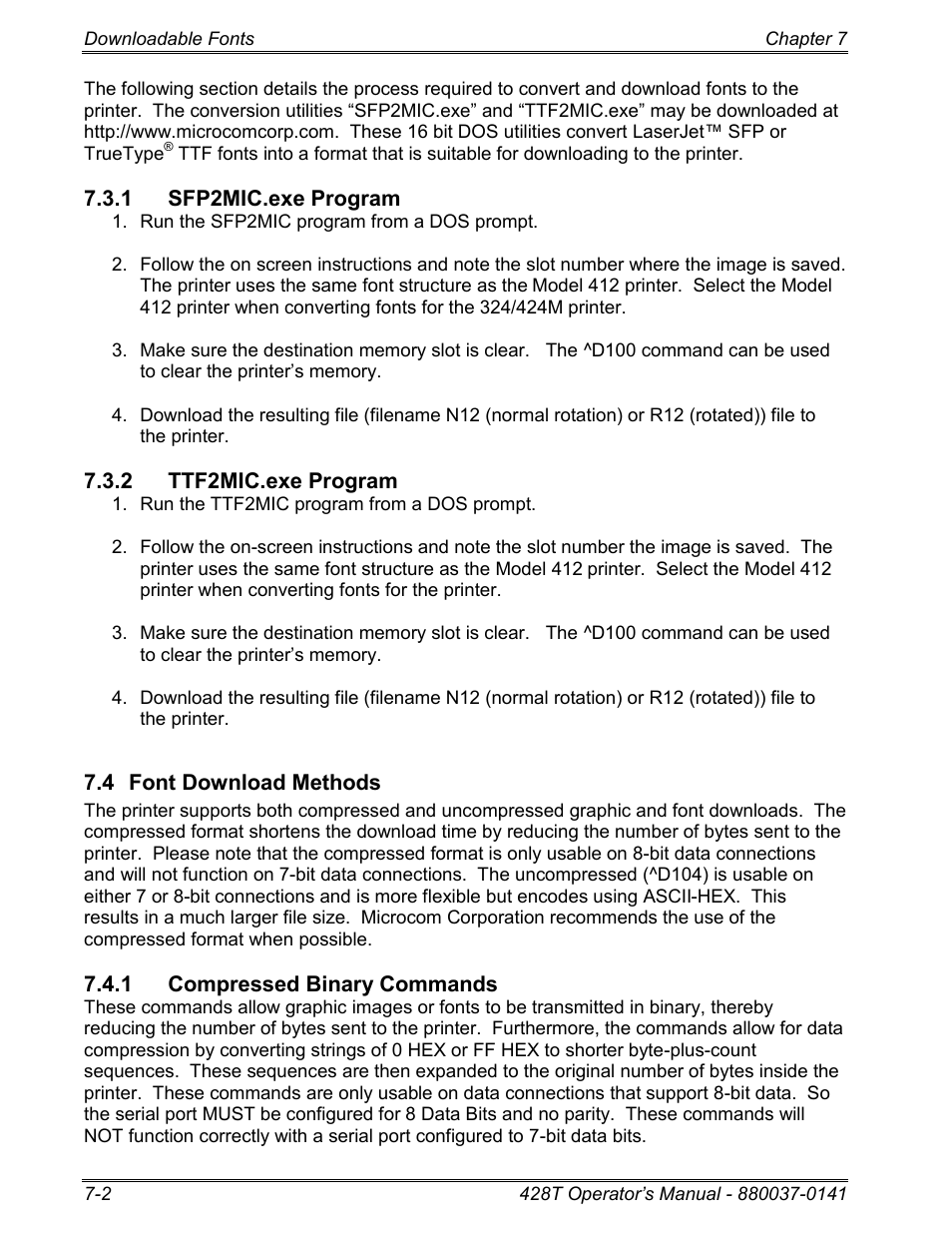 1 sfp2mic.exe program, 2 ttf2mic.exe program, 4 font download methods | 1 compressed binary commands | Microcom 428T User Manual | Page 146 / 249
