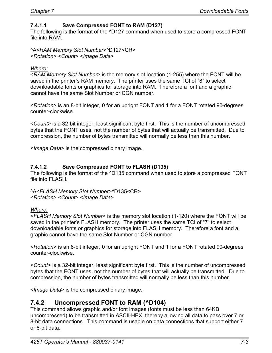 1 save compressed font to ram (d127), 2 save compressed font to flash (d135), 2 uncompressed font to ram (^d104) | Microcom 428T User Manual | Page 147 / 249