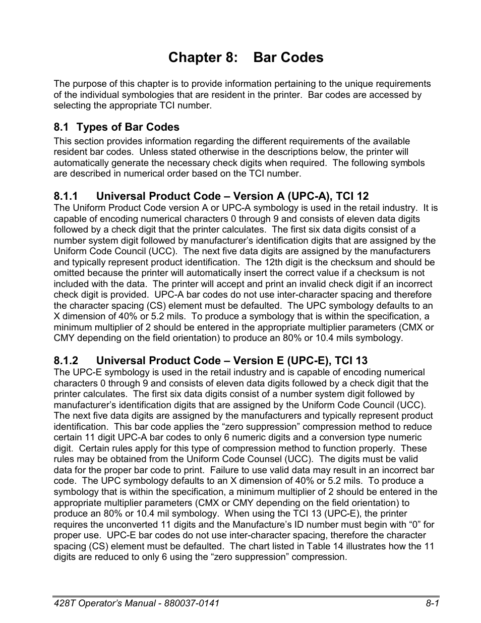 1 types of bar codes, Chapter 8: bar codes | Microcom 428T User Manual | Page 153 / 249