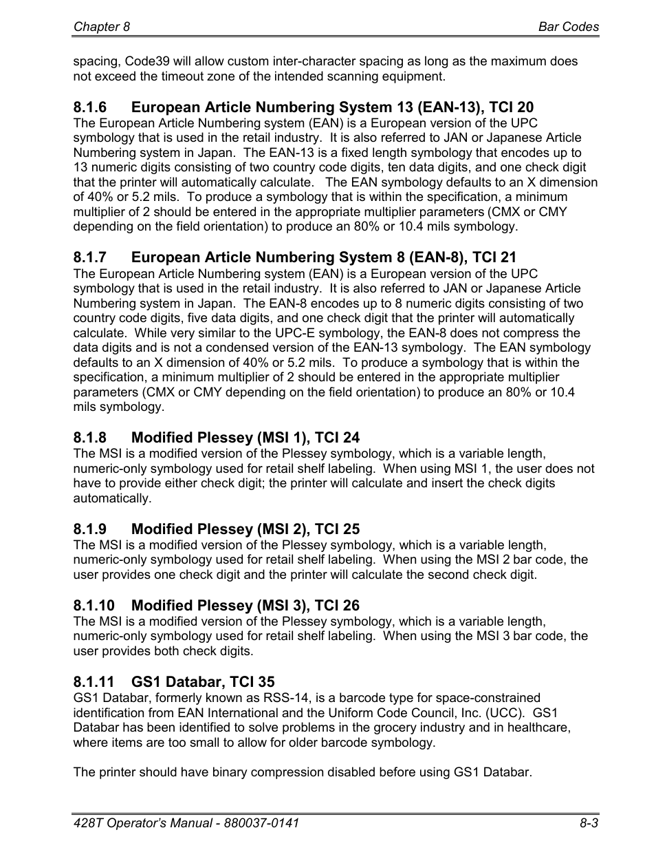 8 modified plessey (msi 1), tci 24, 9 modified plessey (msi 2), tci 25, 10 modified plessey (msi 3), tci 26 | 11 gs1 databar, tci 35 | Microcom 428T User Manual | Page 155 / 249