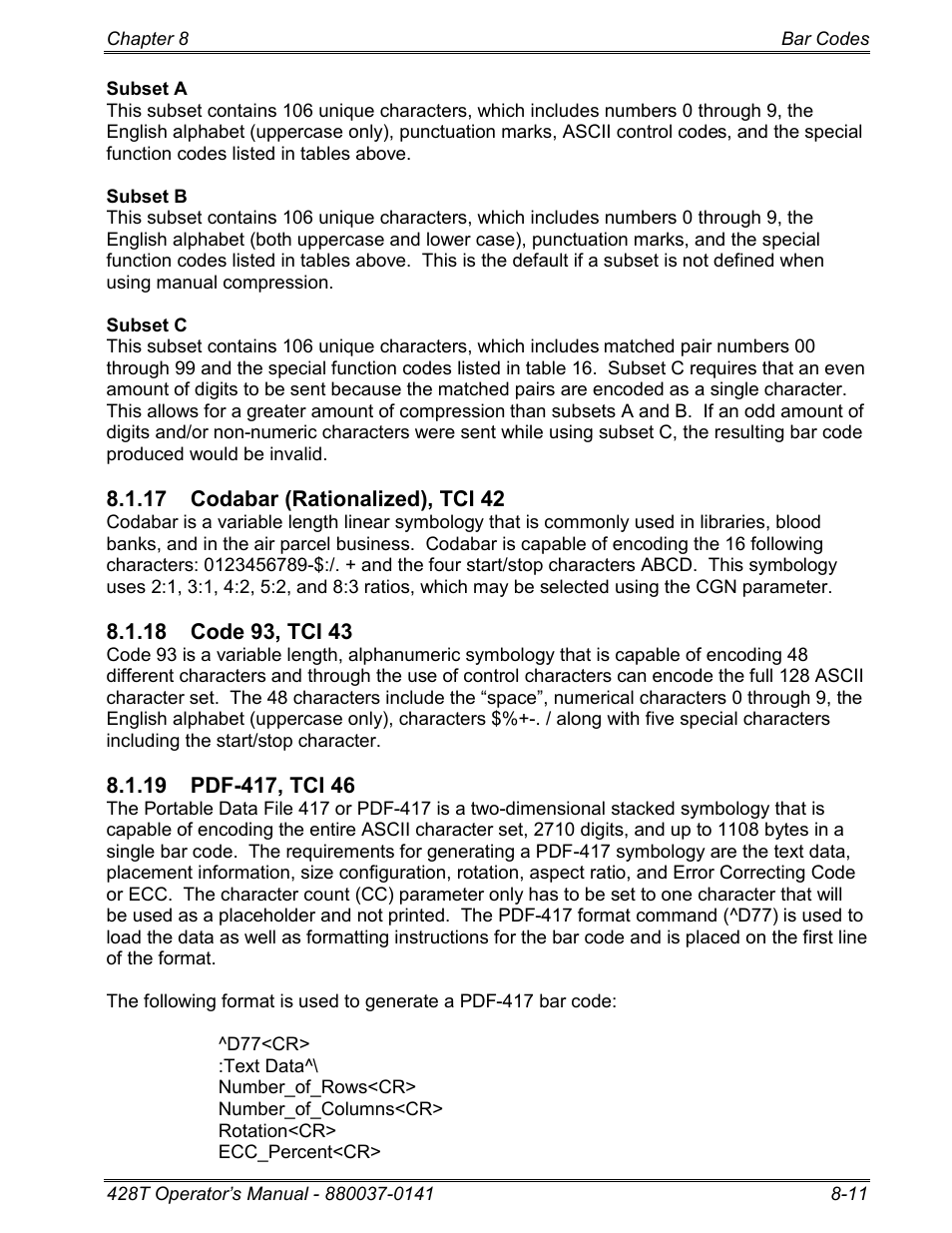 17 codabar (rationalized), tci 42, 18 code 93, tci 43, 19 pdf-417, tci 46 | Microcom 428T User Manual | Page 163 / 249