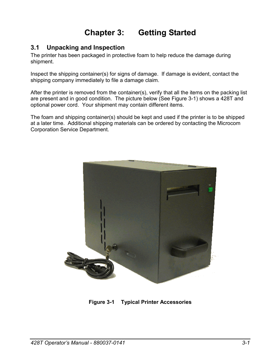 1 unpacking and inspection, Chapter 3: getting started | Microcom 428T User Manual | Page 17 / 249