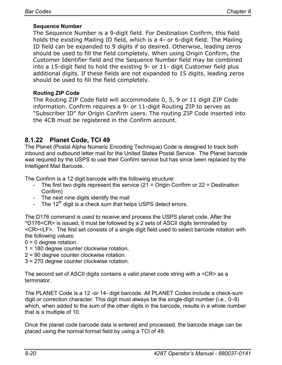 22 planet code, tci 49 | Microcom 428T User Manual | Page 172 / 249