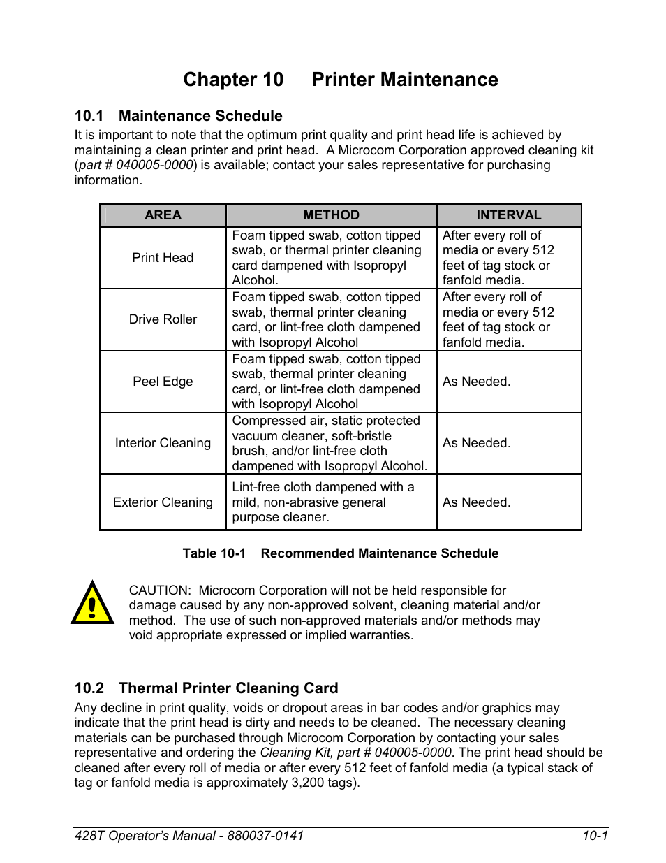 1 maintenance schedule, 2 thermal printer cleaning card, Chapter 10 printer maintenance | Microcom 428T User Manual | Page 199 / 249