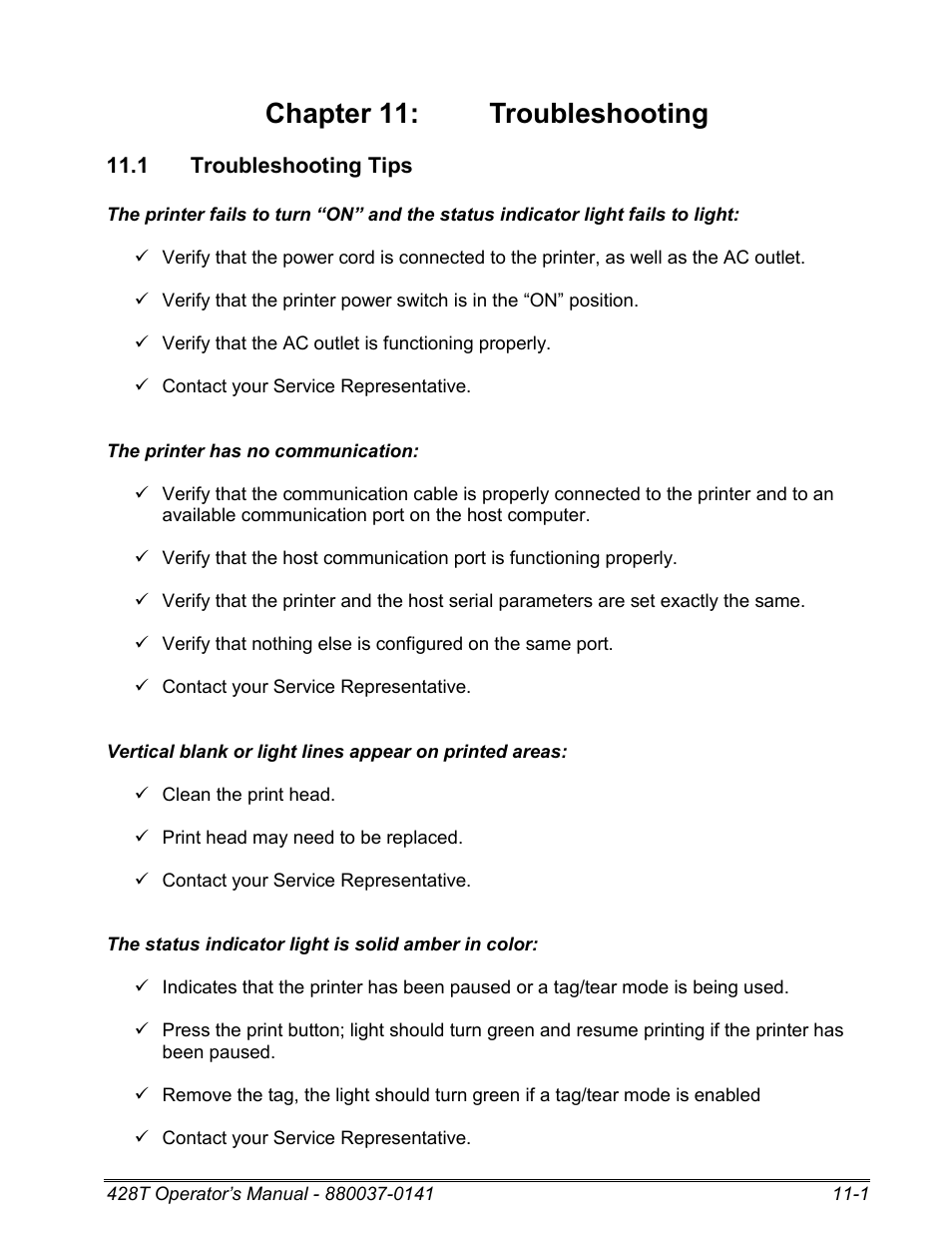 1 troubleshooting tips, Chapter 11: troubleshooting | Microcom 428T User Manual | Page 207 / 249