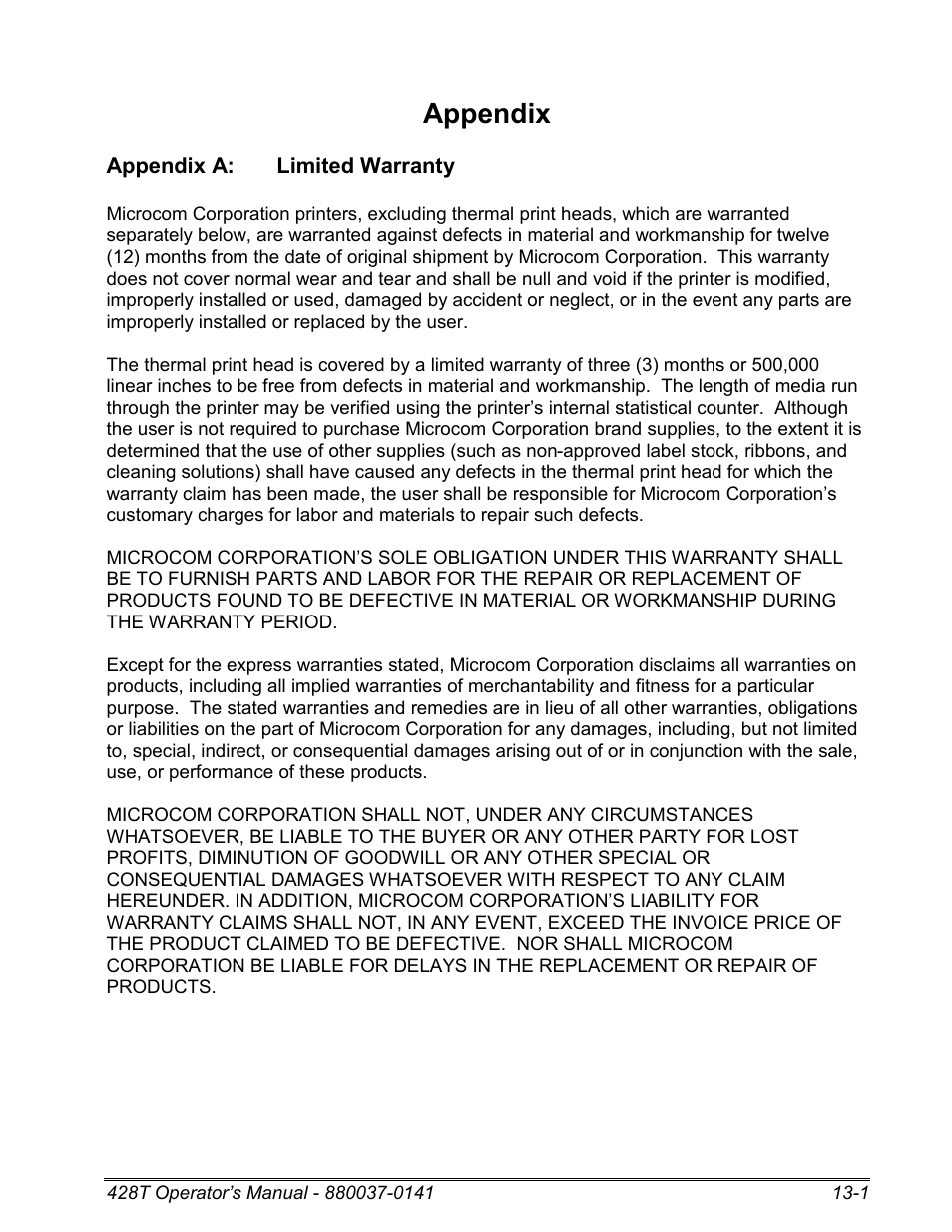 Appendix a: limited warranty, Appendix | Microcom 428T User Manual | Page 221 / 249