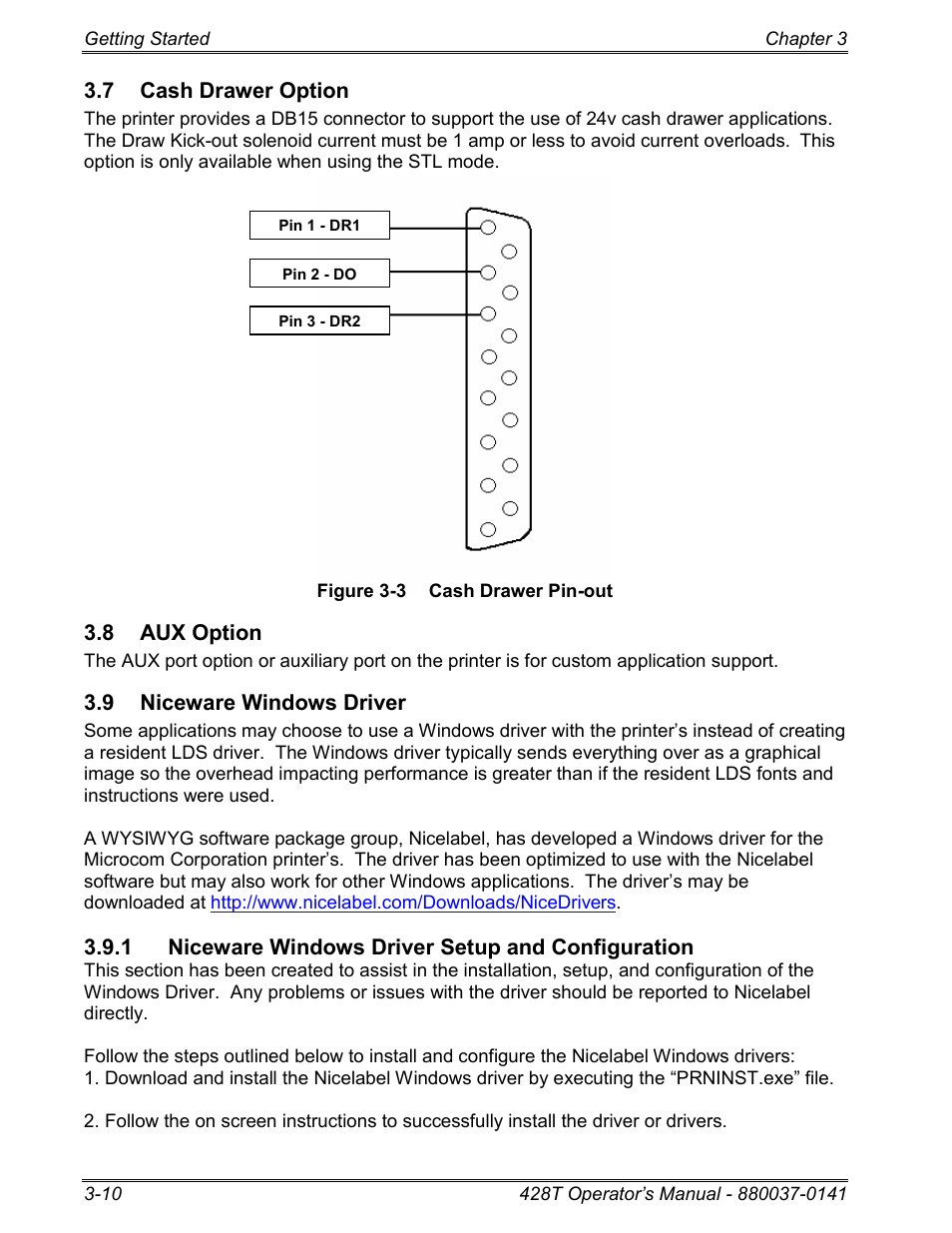 7 cash drawer option, 8 aux option, 9 niceware windows driver | 1 niceware windows driver setup and configuration | Microcom 428T User Manual | Page 26 / 249