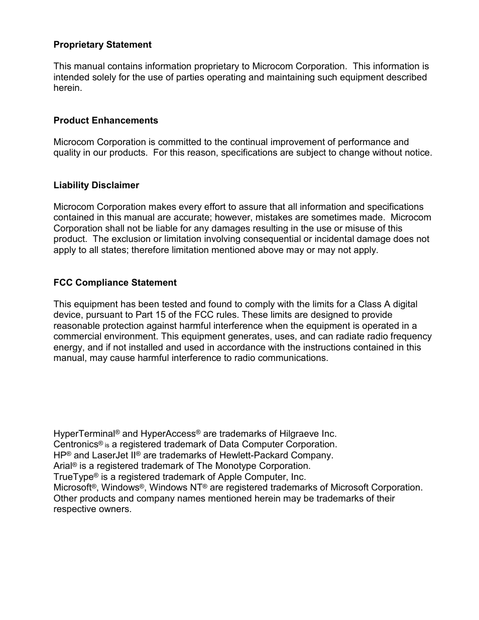 Product enhancements, Liability disclaimer, Fcc compliance statement | Microcom 428T User Manual | Page 3 / 249