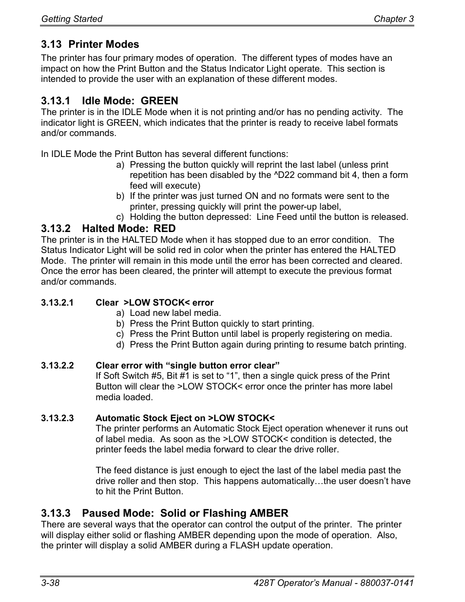 13 printer modes, 1 idle mode: green, 2 halted mode: red | 1 clear >low stock< error, 2 clear error with “single button error clear, 3 automatic stock eject on >low stock, 3 paused mode: solid or flashing amber | Microcom 428T User Manual | Page 54 / 249