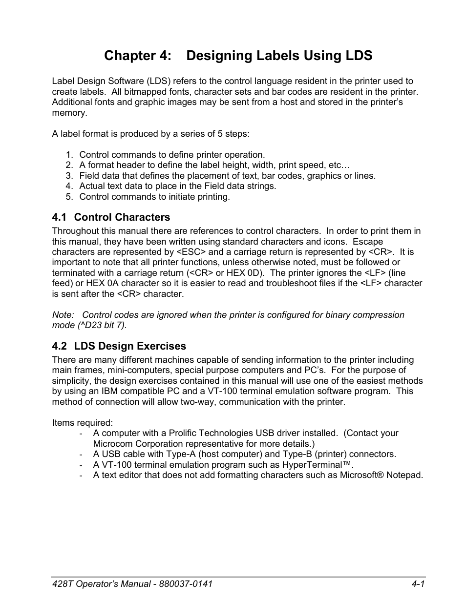 1 control characters, 2 lds design exercises, Chapter 4: designing labels using lds | Microcom 428T User Manual | Page 61 / 249