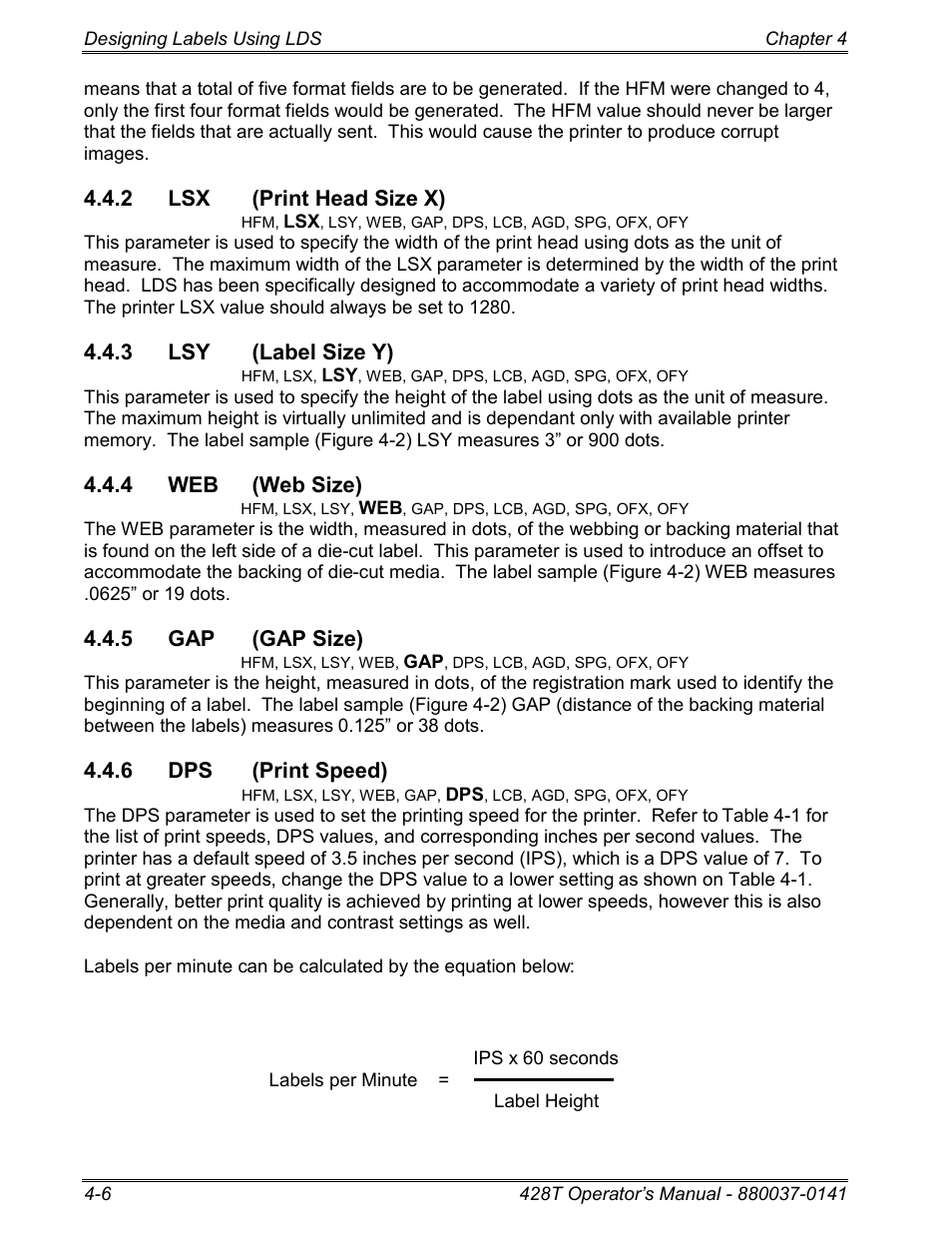 2 lsx (print head size x), 3 lsy (label size y), 4 web (web size) | 5 gap (gap size), 6 dps (print speed) | Microcom 428T User Manual | Page 66 / 249