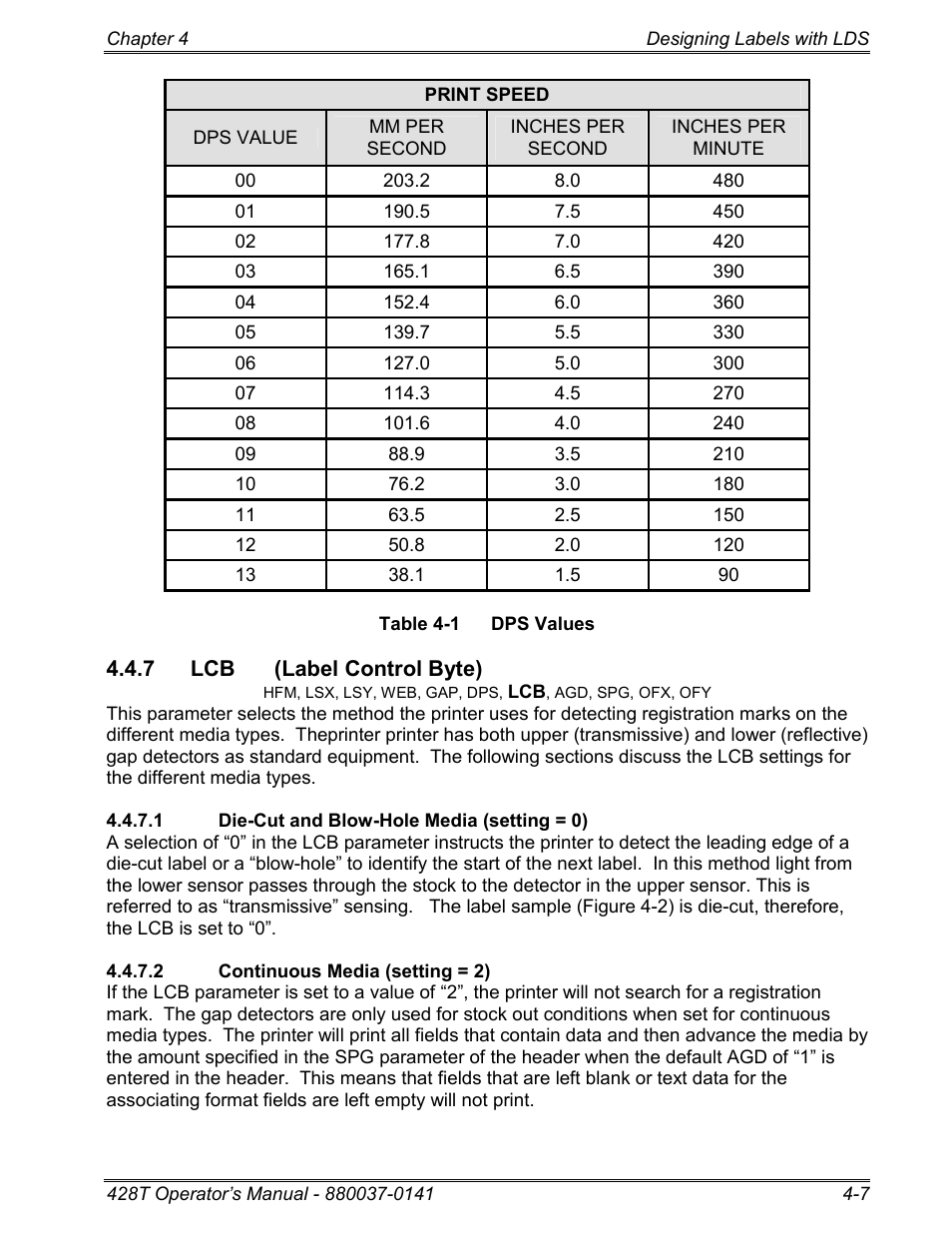 7 lcb (label control byte), 1 die-cut and blow-hole media (setting = 0), 2 continuous media (setting = 2) | Table 4-1 f, N on table 4-1 | Microcom 428T User Manual | Page 67 / 249