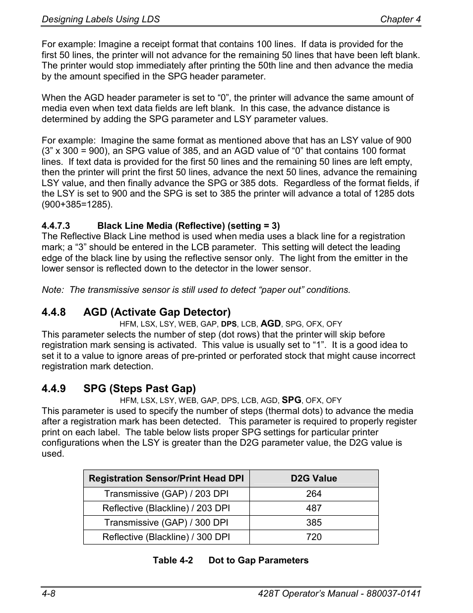 3 black line media (reflective) (setting = 3), 8 agd (activate gap detector), 9 spg (steps past gap) | Microcom 428T User Manual | Page 68 / 249