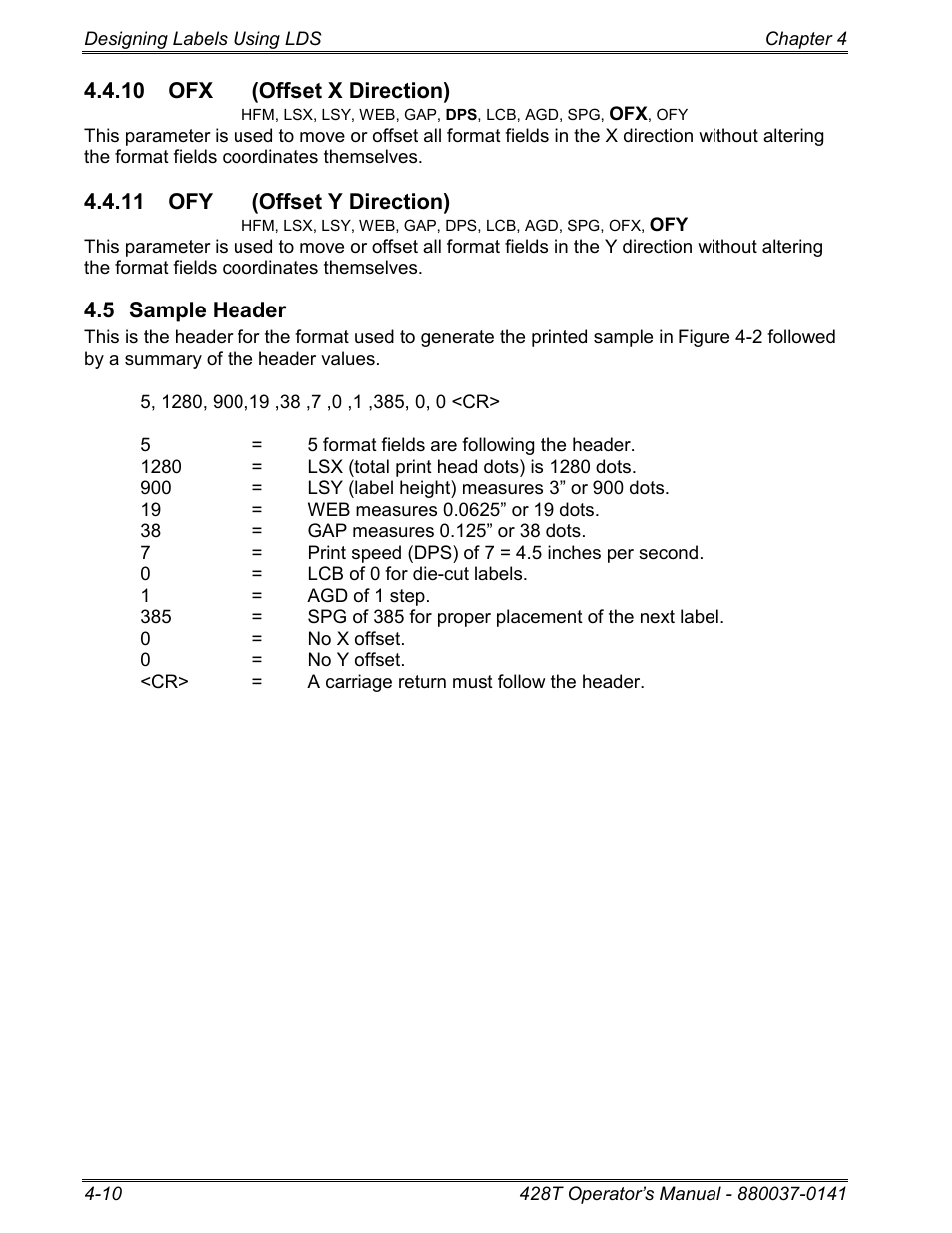10 ofx (offset x direction), 11 ofy (offset y direction), 5 sample header | Microcom 428T User Manual | Page 70 / 249