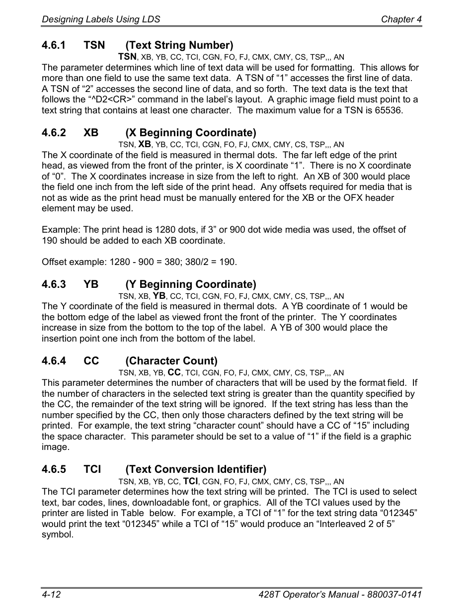 1 tsn (text string number), 2 xb (x beginning coordinate), 3 yb (y beginning coordinate) | 4 cc (character count), 5 tci (text conversion identifier) | Microcom 428T User Manual | Page 72 / 249