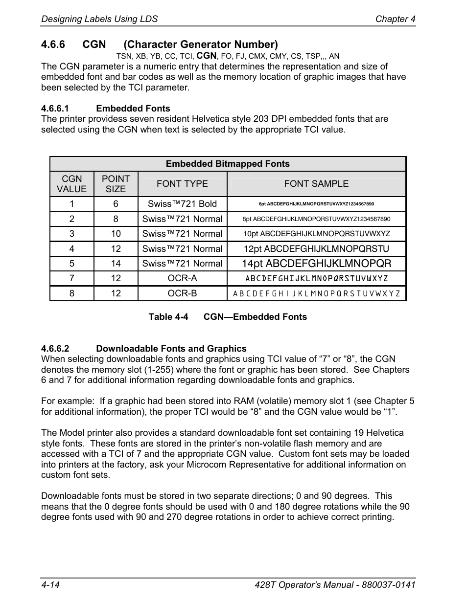 6 cgn (character generator number), 1 embedded fonts, 2 downloadable fonts and graphics | Microcom 428T User Manual | Page 74 / 249