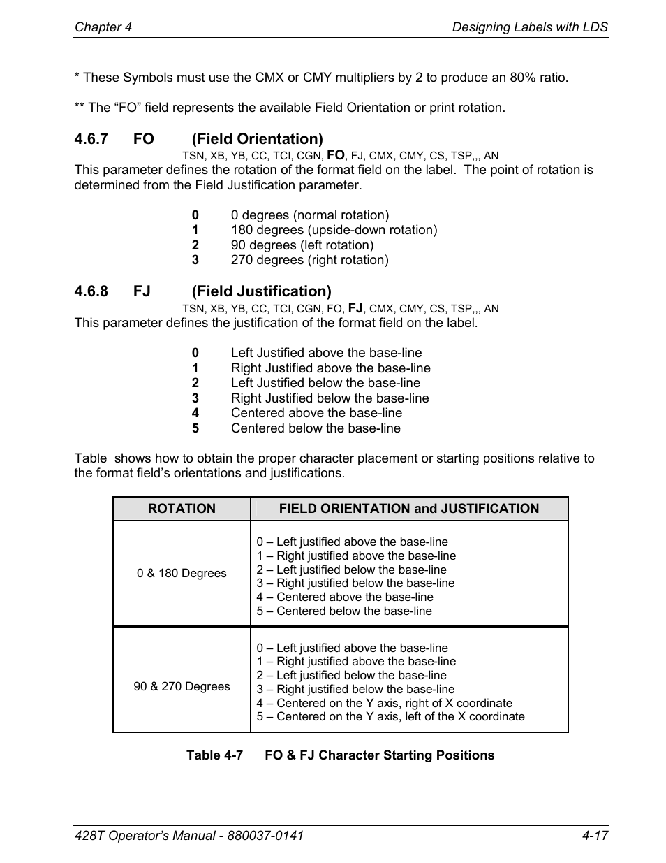7 fo (field orientation), 8 fj (field justification) | Microcom 428T User Manual | Page 77 / 249