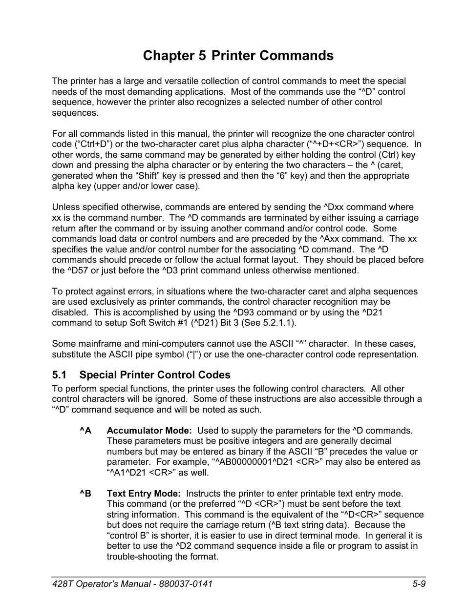 1 special printer control codes, Chapter 5 printer commands | Microcom 428T User Manual | Page 83 / 249