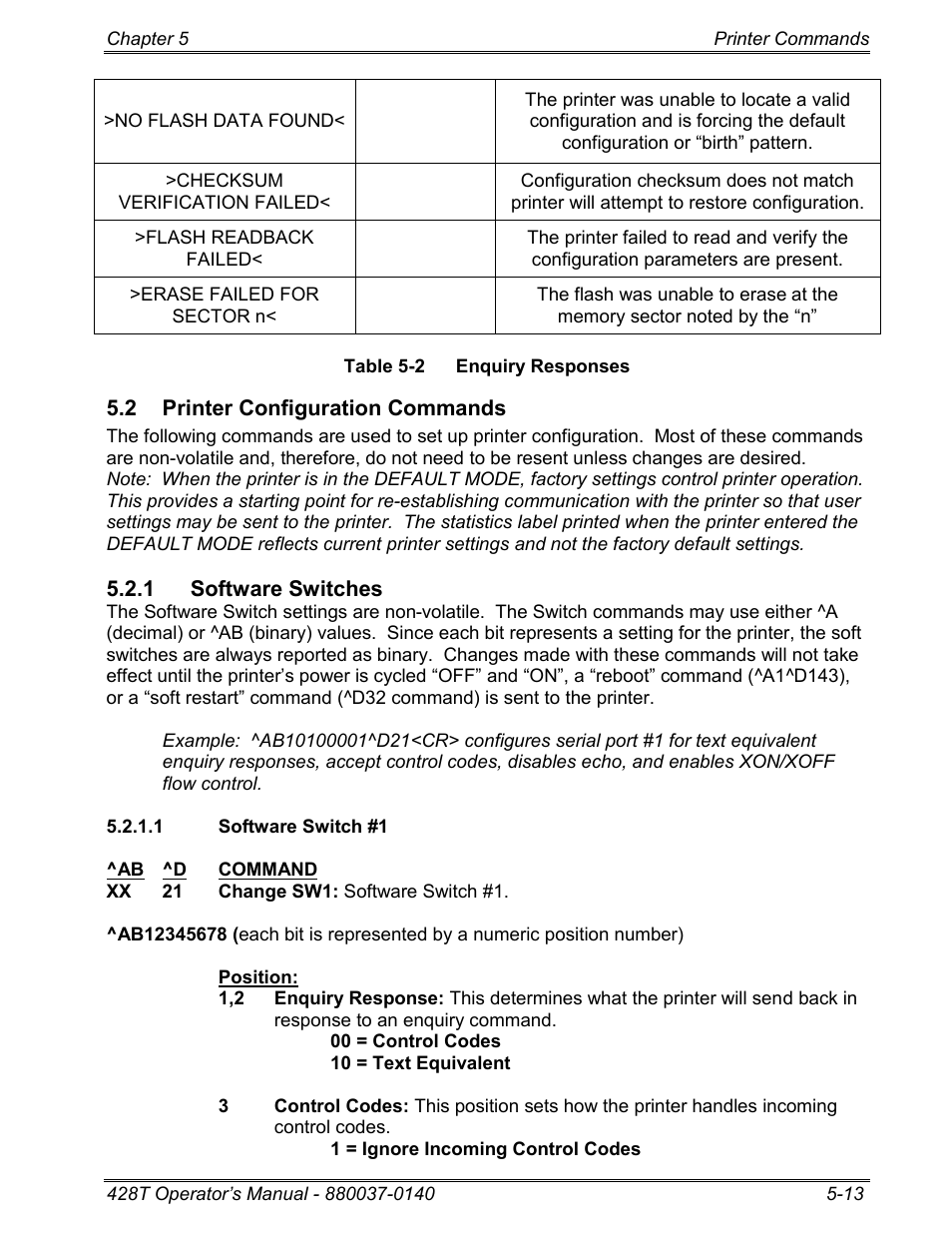 2 printer configuration commands, 1 software switches, 1 software switch #1 | Microcom 428T User Manual | Page 87 / 249