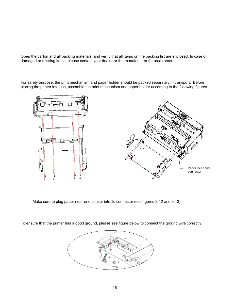 4 installation, 1 unpacking, 2 assembling the printer | 3 connecting the grounding wire | Microcom 814M Operators Manual User Manual | Page 20 / 46