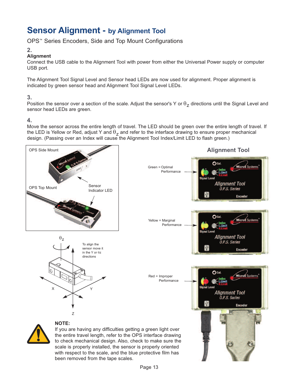 Sensor alignment, By alignment tool, Alignment tool | MicroE OPS Series User Manual | Page 13 / 25