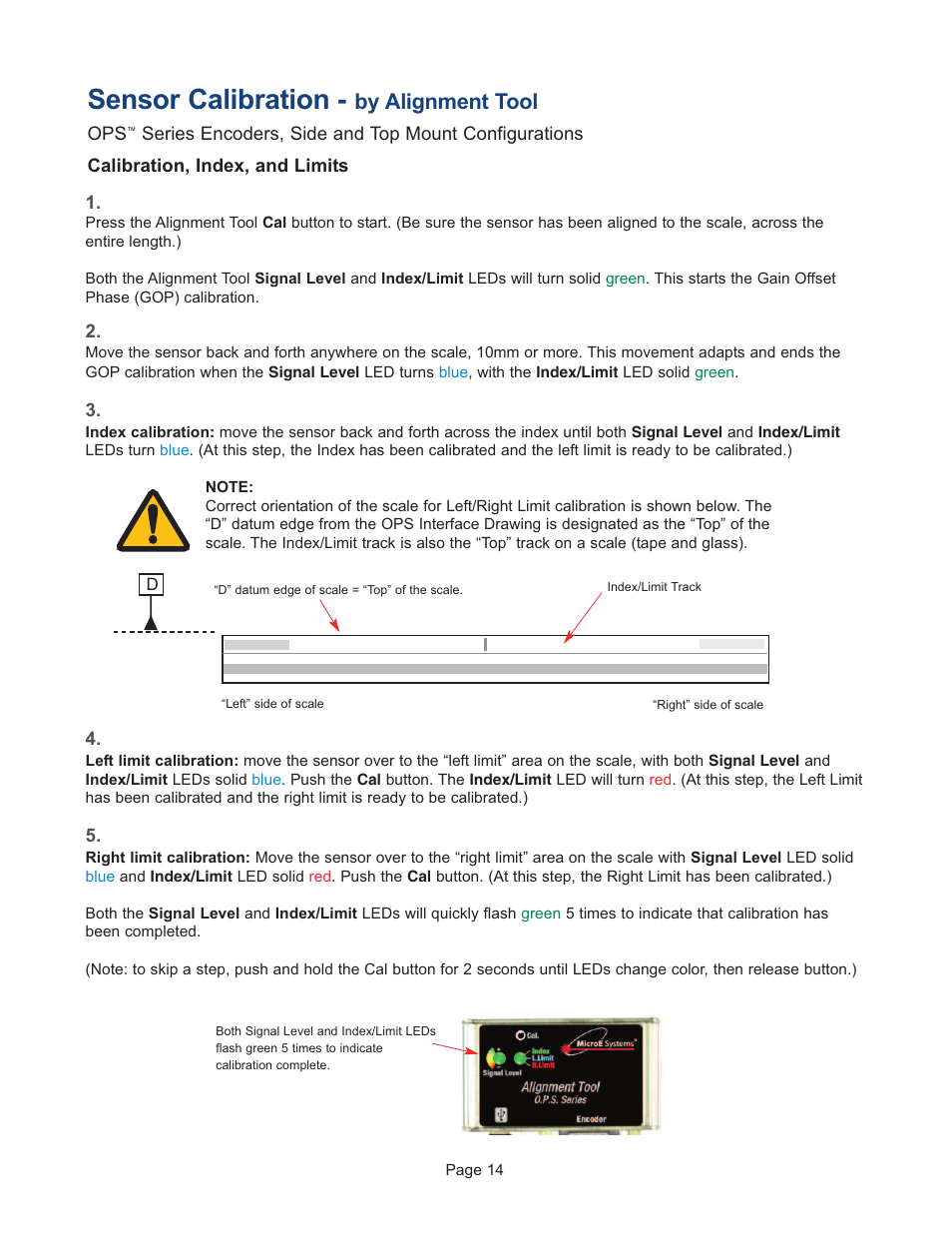 Sensor calibration, By alignment tool | MicroE OPS Series User Manual | Page 14 / 25