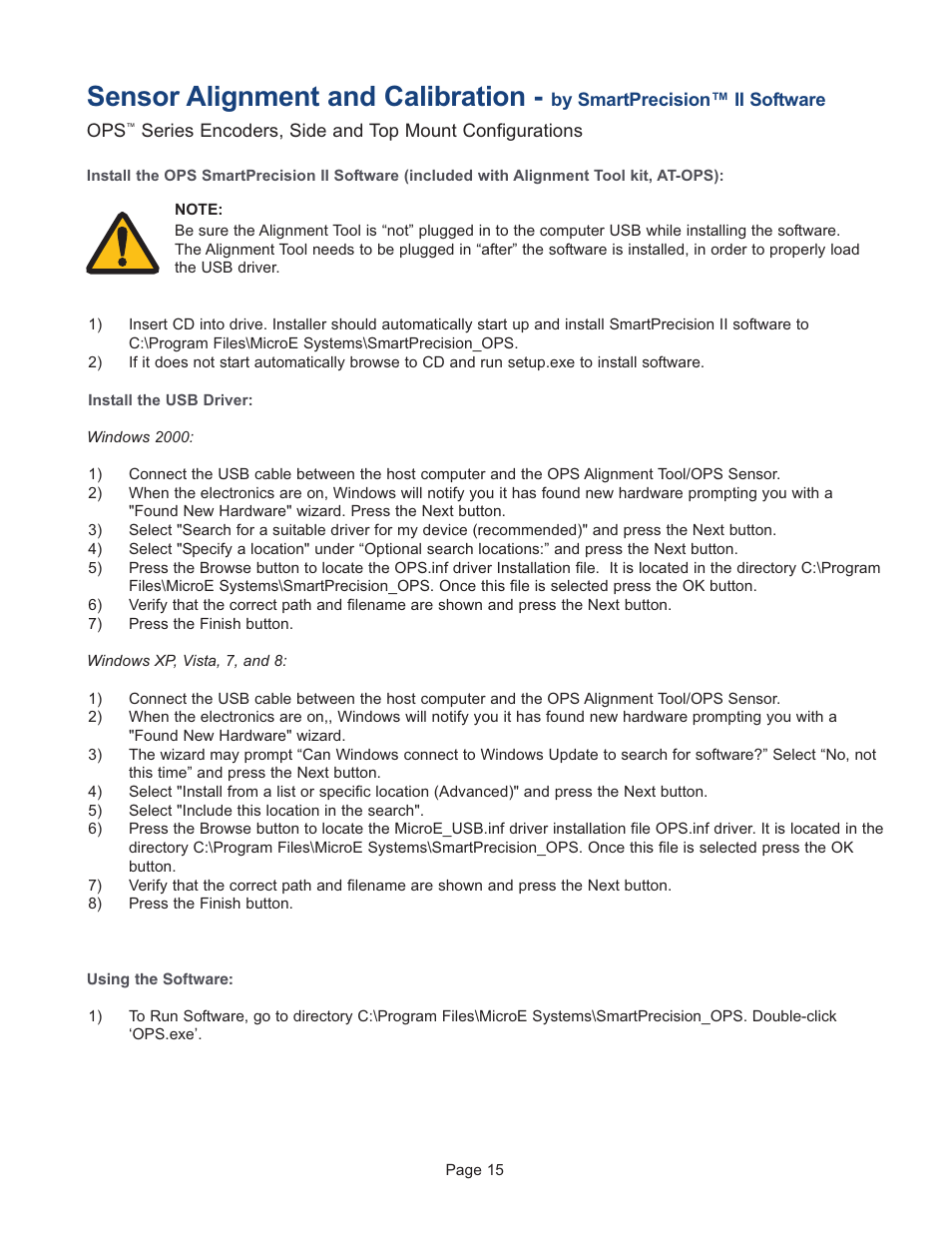 Using smartprecision™ ii software, Sensor alignment and calibration | MicroE OPS Series User Manual | Page 15 / 25