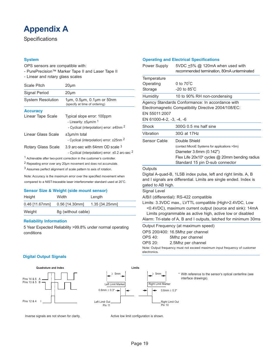 Appendix, Appendix a - specifications, Appendix a | Specifications | MicroE OPS Series User Manual | Page 19 / 25