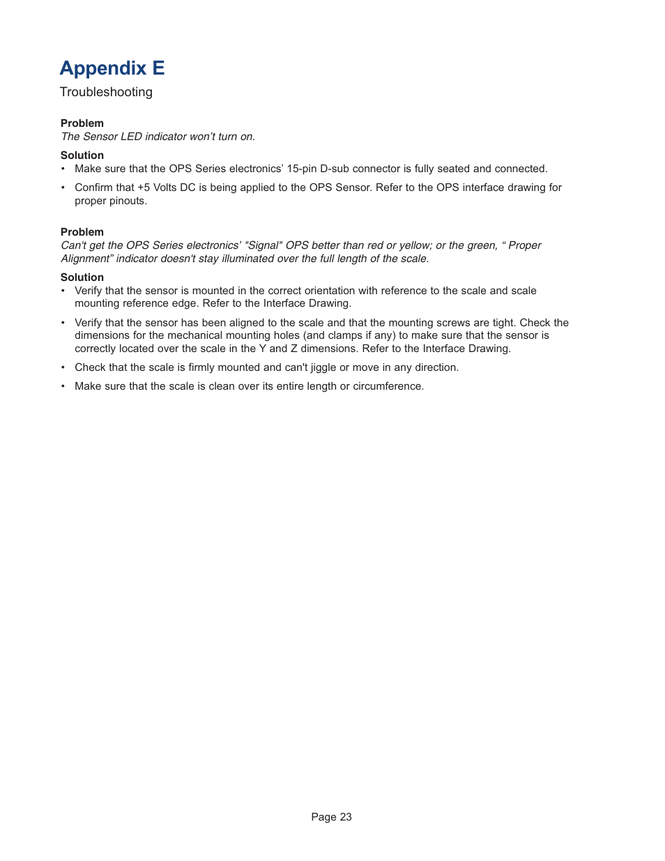 Appendix e - troubleshooting, Appendix e | MicroE OPS Series User Manual | Page 23 / 25