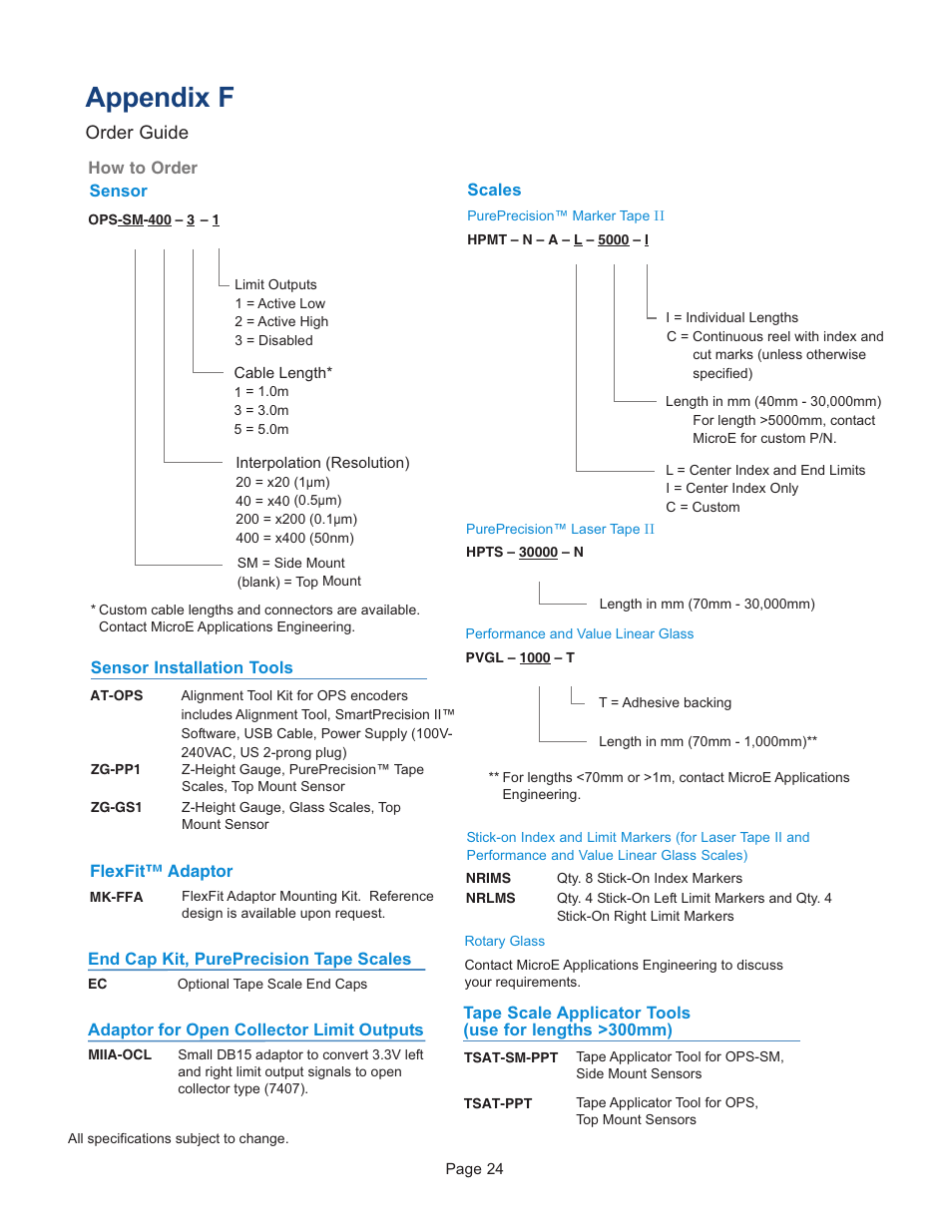 Appendix f - order guide, Appendix f | MicroE OPS Series User Manual | Page 24 / 25