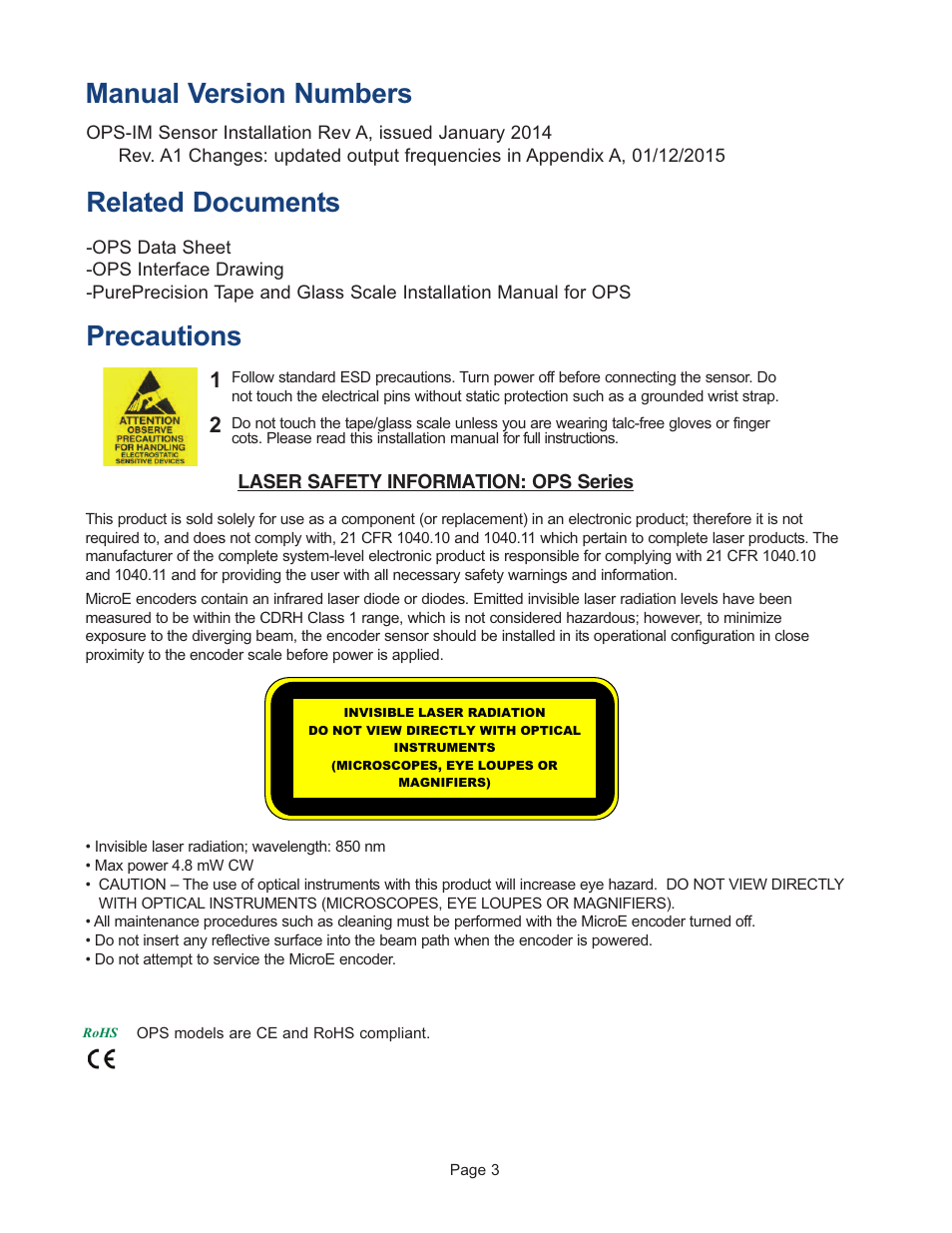 Introduction, Manual version numbers, Related documents | Precautions | MicroE OPS Series User Manual | Page 3 / 25