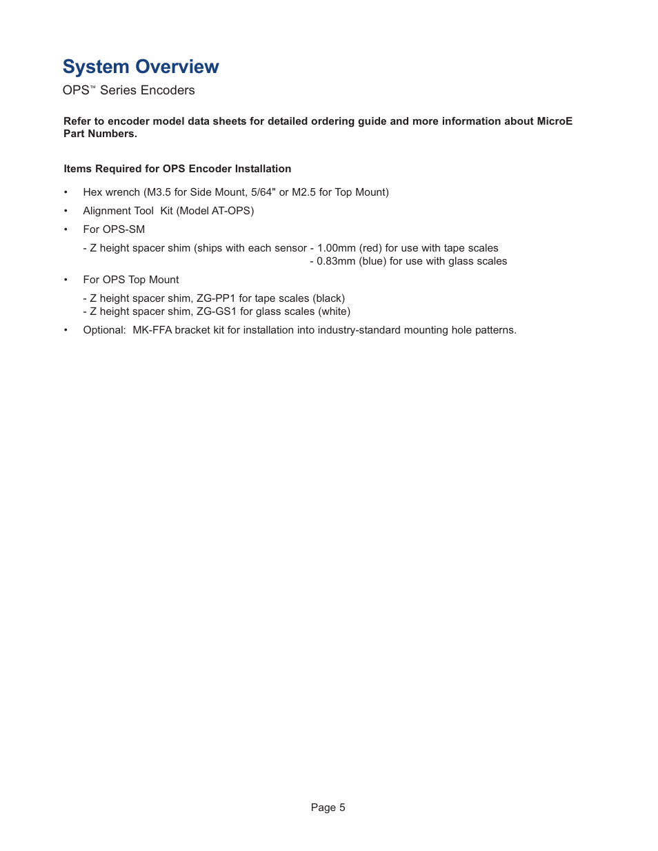 Items required for ops encoder installation, System overview | MicroE OPS Series User Manual | Page 5 / 25