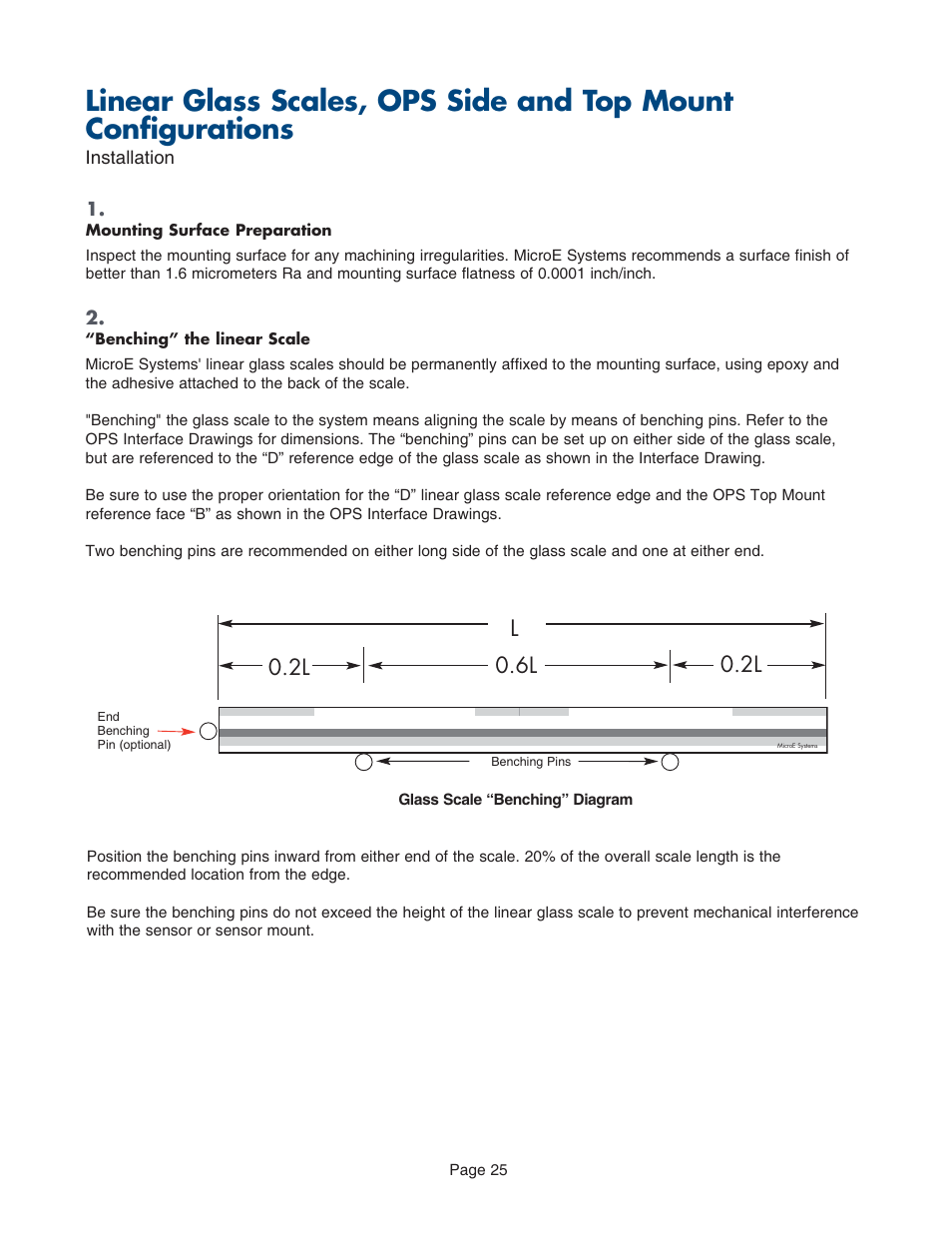 Linear glass scales, ops top mount, Mounting surface preparation, Mounting linear glass scales | MicroE PurePrecision User Manual | Page 25 / 33