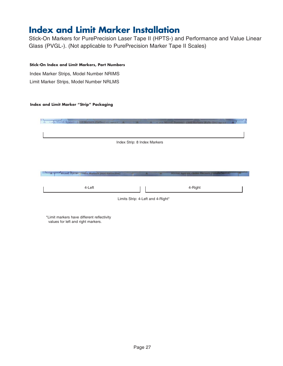 Packaging, index and limit strips, Index and limit marker installation | MicroE PurePrecision User Manual | Page 27 / 33