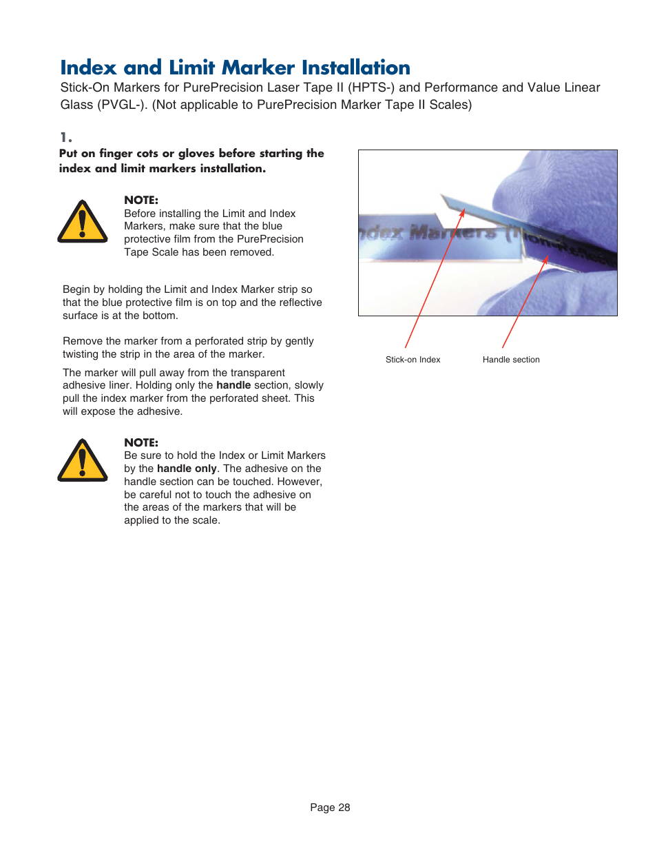 Stick-on index and limit installation, Index and limit marker installation | MicroE PurePrecision User Manual | Page 28 / 33