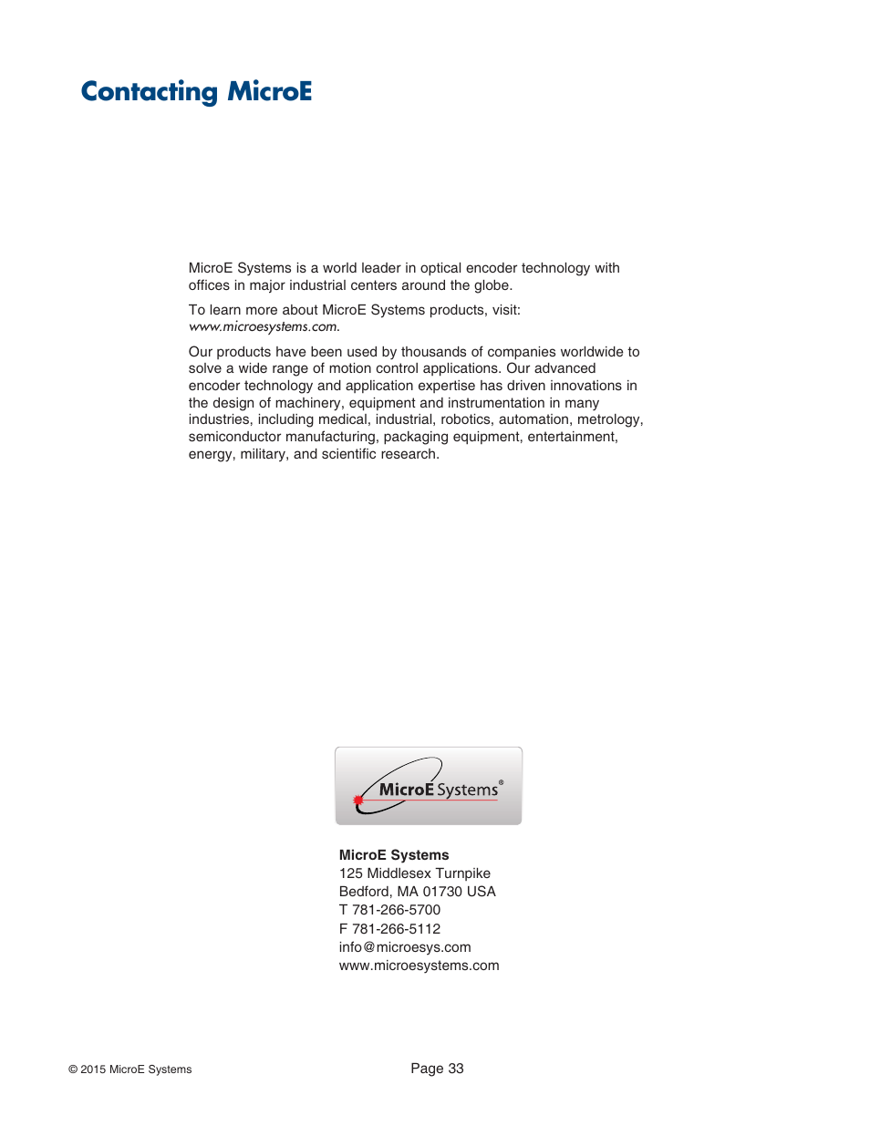 Contacting microe systems, Contacting microe | MicroE PurePrecision User Manual | Page 33 / 33