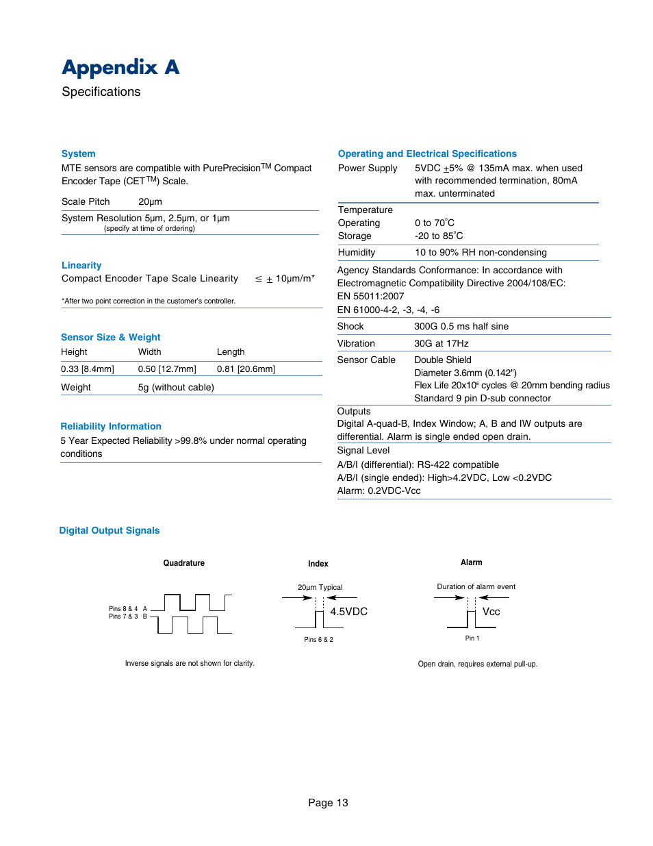 Appendix, Appendix a - specidfications, Specifications | Appendix a | MicroE MTE Series User Manual | Page 13 / 20
