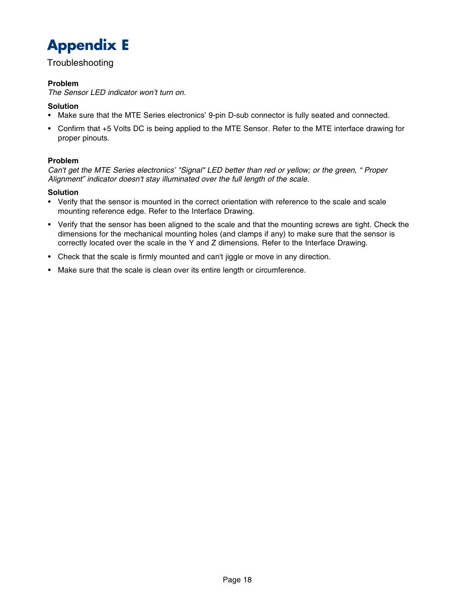 Appendix e - troubleshoooting, Troubleshooting, Appendix e | MicroE MTE Series User Manual | Page 18 / 20
