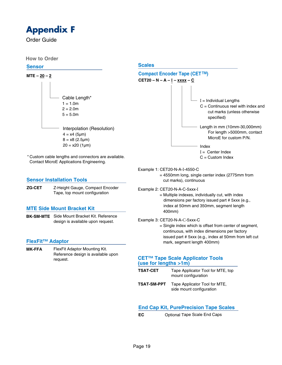 Appendix f - order guide, Order guide, Appendix f | MicroE MTE Series User Manual | Page 19 / 20